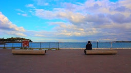 A person sits on a bench by the seaside. There is a matching empty bench nearby. There is bright blue sky with some clouds above.