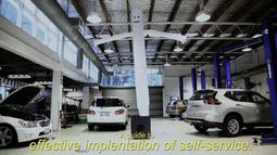 An inflatable man/sky dancer is inside a car garage. On screen is text that reads, a guide to effective implementation of self-service.