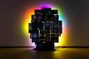 A cluster of tvs held up by custom backets faces the wall illuminating the wall with rainbow colours