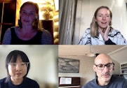 A montage of four speakers in a Zoom video conferencing call window.
