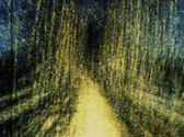 Hand sketched abstract image that feels like moving along a dirt track in a darkening forest or landscape