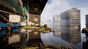 A computer-generated landscape shows fragments of a cityscape, a swamp with disjointed concrete sculptural figures floating within it, billboards displaying screenshots.