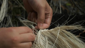 A close up of two hands weaving flax