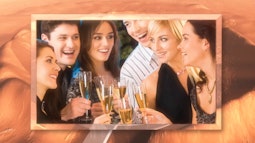 A stock photo of friends toasting with champagne is superimposed over a CGI render of red planet.