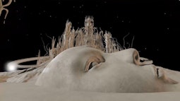 A digitally rendered face appears like a mountain below a large castle-like structure.
