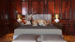 A digitally rendered scene of a large deer resting on a king sized bed in a luxurious bedroom.