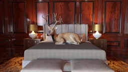 A digitally rendered scene of a large deer resting on a king sized bed in a luxurious bedroom.