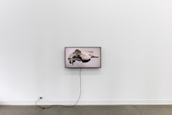 A tv installed on a blank white wall is displaying an image of a skull