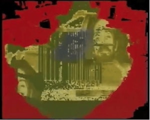 A barcode is obscured by layers of digitally glitched colours in this still of Brent Hayward’s video work.