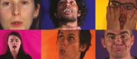Six characters perform dramatic facial expressions in front of bright backgrounds