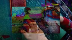 The sea, children, hands, animals and many different colours appear in a collage.