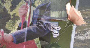 Multiple collaged images overlaid on top of one another are; a singular rose, a mailbox stuffed with newspapers, a person opening their purse.