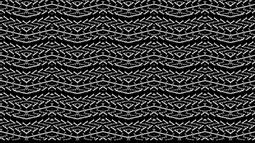 A black and white repeated pattern made from text appears like waves.