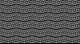 A black and white repeated pattern made from text appears like waves.