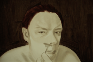 A watercolour portrait of a person shaving their face glancing into the mirror