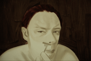 A watercolour portrait of a person shaving their face glancing into the mirror