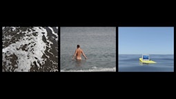 Three films side by side. The first of a shallow wave. The second of a person wading naked into the water. The third of a digital sea with a computer floating in the water.