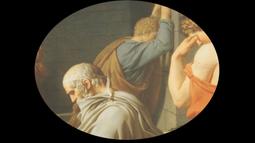 A classical painting of three men in robes each turning away or looking towards the ground.
