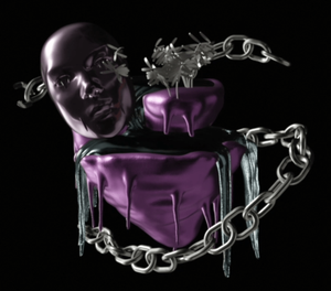 A digitally rendered image of dripping purple object with a metalic silver chain and a face