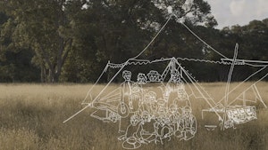 A white pencil drawing of a settler family is superimposed over a field and trees.