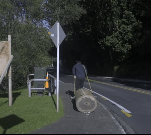 Mark is dragging a huge log on a footpath on a suburban street