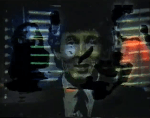 A glitched image of a tv presenter