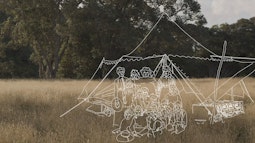 A dry grassy field with large green trees in the distance. An outline drawing in white of a group of people and a tent is super-imposed.