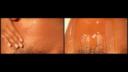 Two images side by side of a naked person rubbing their lower abdomen with honey.