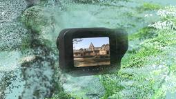 A digitally rendered camera showing a temple floats amongst a digital map of a landscape.