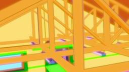 An animated house in bright shades of green and orange.