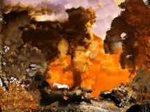 A digital collage of a glitchy autumn forest