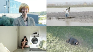 Four images of Fantasing each consume one-quarter of the image, depicting the band members: crying in a wig, kneeling screaming on a river bank, holding a lighter sitting by a machine, curled up in a dirt hole in a park.