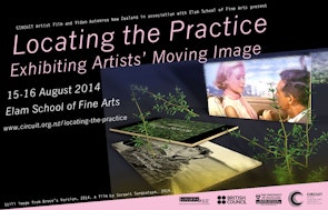 Pink text on black reads "Locating the Practice, Exhibiting Artists' Moving Image. 15-16th August 2014". Beside the text is a still from Sorawit Songsataya's work Bruce's Version.