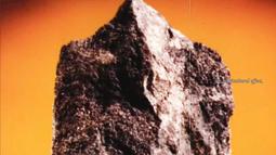 A close-up of a rock with a bright orange background.