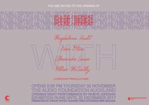 A poster for the exhibition PULSE/REPEAT. The exhibition title is repeated and staggered to create a graphic image. The artists names are printed in the centre over large block capital text which reads WITH. Lilac and red text on grey background.