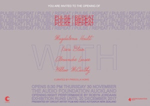 A poster for the exhibition PULSE/REPEAT. The exhibition title is repeated and staggered to create a graphic image. The artists names are printed in the centre over large block capital text which reads WITH. Lilac and red text on grey background.