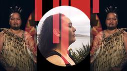 A side profile of a woman, on either side is a mirrored image of a woman in customary Māori attire. Red shapes are drawn over the image.
