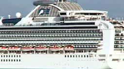 A large cruise ship floats past.