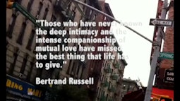 New York City low-rise buildings, superimposed text reading "Those who have never shown the deep intimacy and the intense companionship of mutual love have missed the best thing that life has to give."