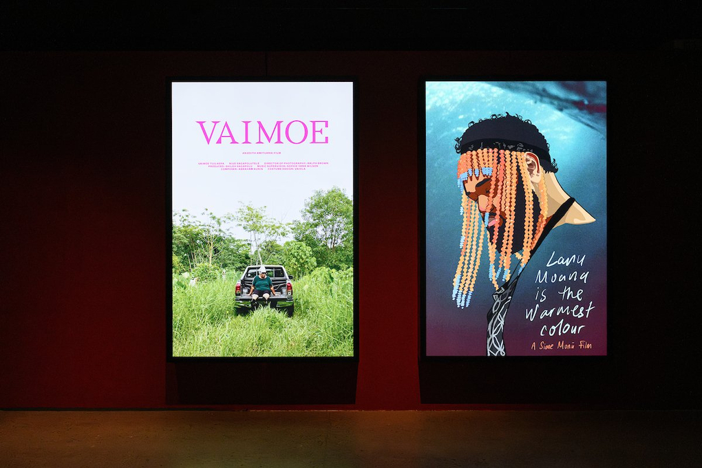 Two movie-style posters adverstise the works Vaimoe by Edith Amituanai and Lanu Moana is the Warmest Colour by Sione Tuívailala Monū