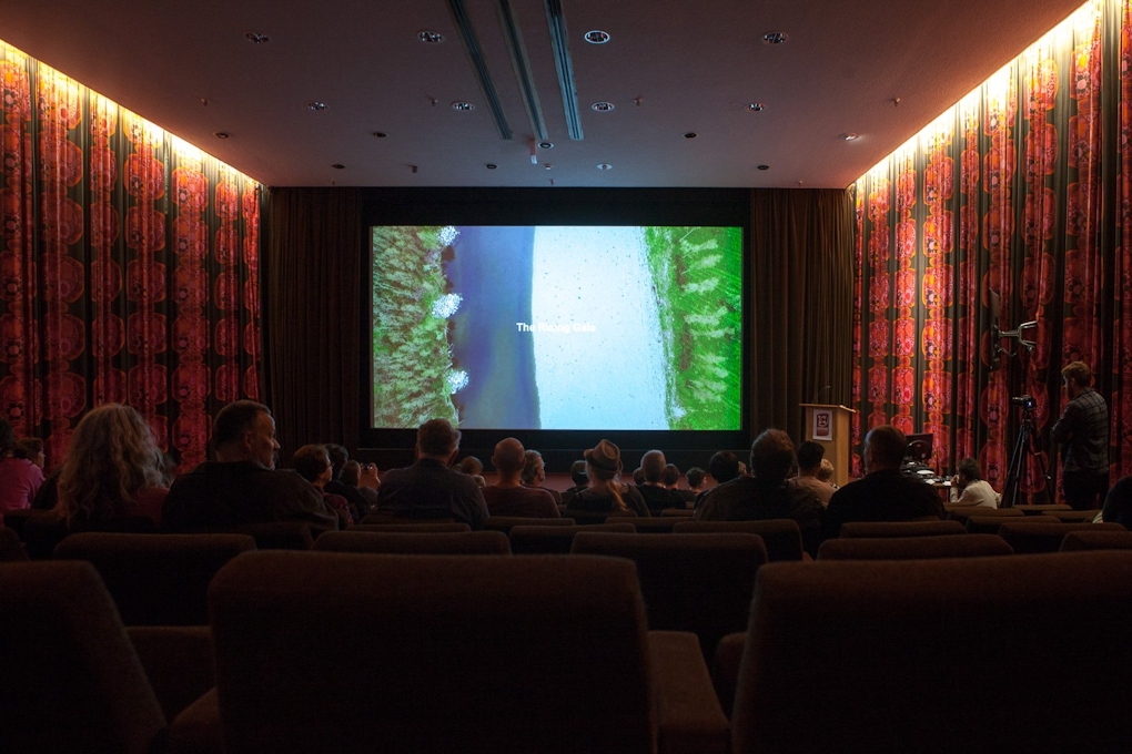 An audience watch a movie in a 1960s-era movie theatre