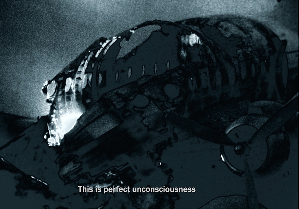A solarised image of a crashed World War Two-era plane, with the subtitle 'This is perfect unconsciousness'