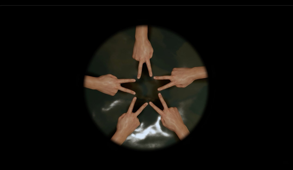 A circular cut-out of five hands forming a pentagram against a liquid background, framed in black