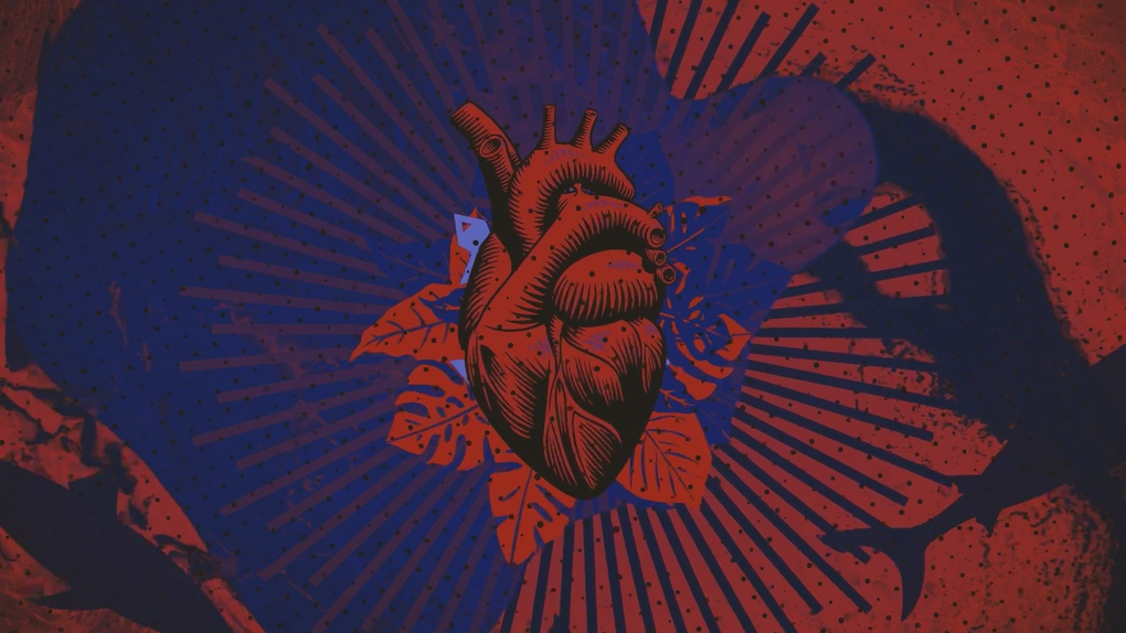 An animated red heart on a blue and red geometric background