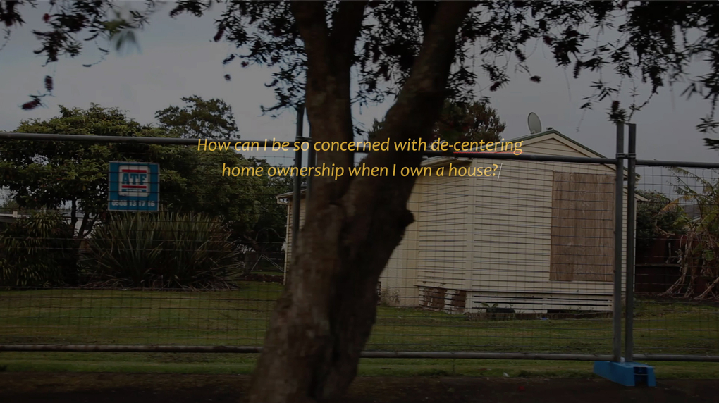 A view of a fence is captioned 'How can I be so concerned with de-centering home ownership when I own a house?'