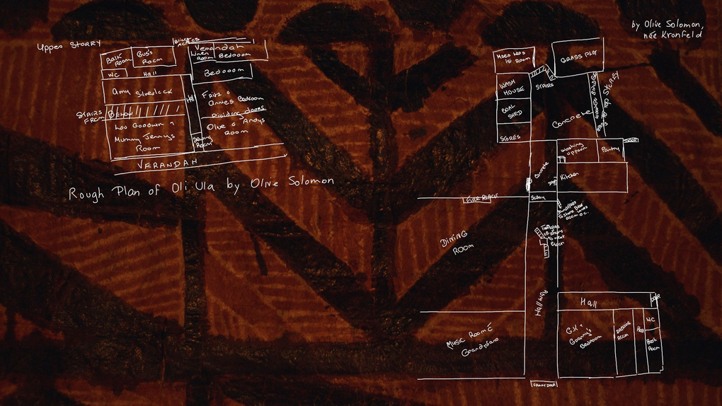 A siapo cloth is overlaid with white outlines of a home's two-storey floor plan