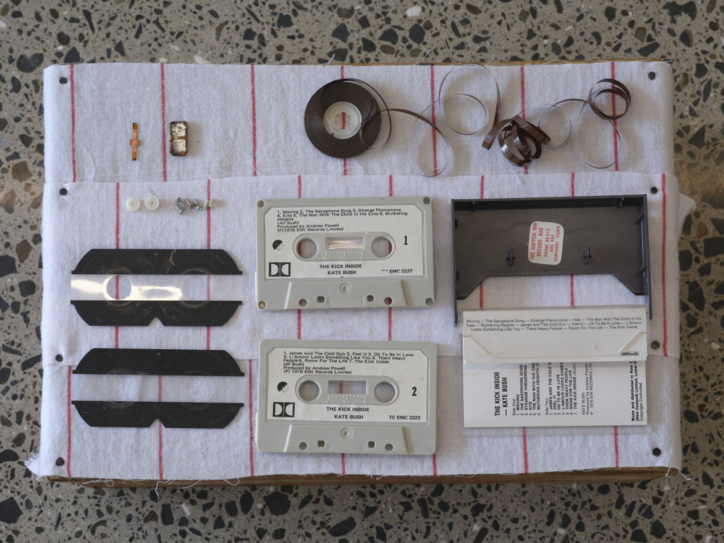 A deconstructed cassette tape sits on a piece of cloth. We see both sides of the tape, the tape itself beginning to unspool and cluster into curls; the screws, plastic and metal components of the tape are also displayed, as is the tape case.