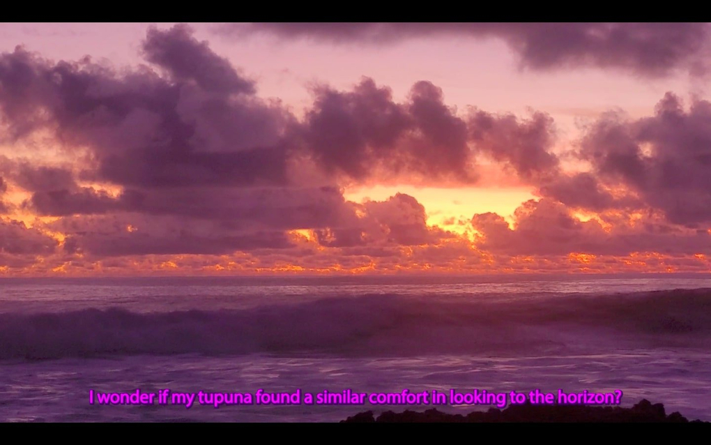 A view of sunset is captioned 'I wonder if my tupuna found a similar comfort in looking to the horizon?'