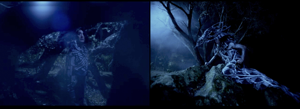 A two channel video projection set in a dark forest. Each channel showing a single figure. The person on the left walks warily through the forest. The person on the right appears to be in a costume made of sticks and shaped to resemble a bird.