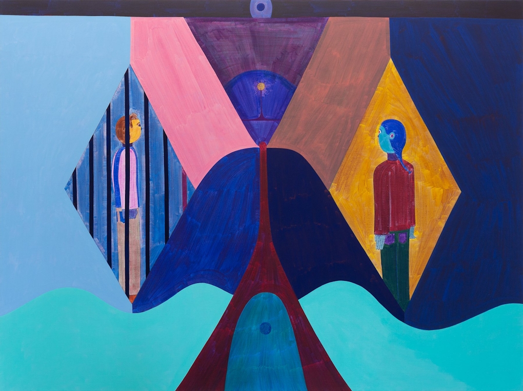 An abstract painting with two figures in the middle, one has bars across them and the other doesn't. The colours are mainly blues.